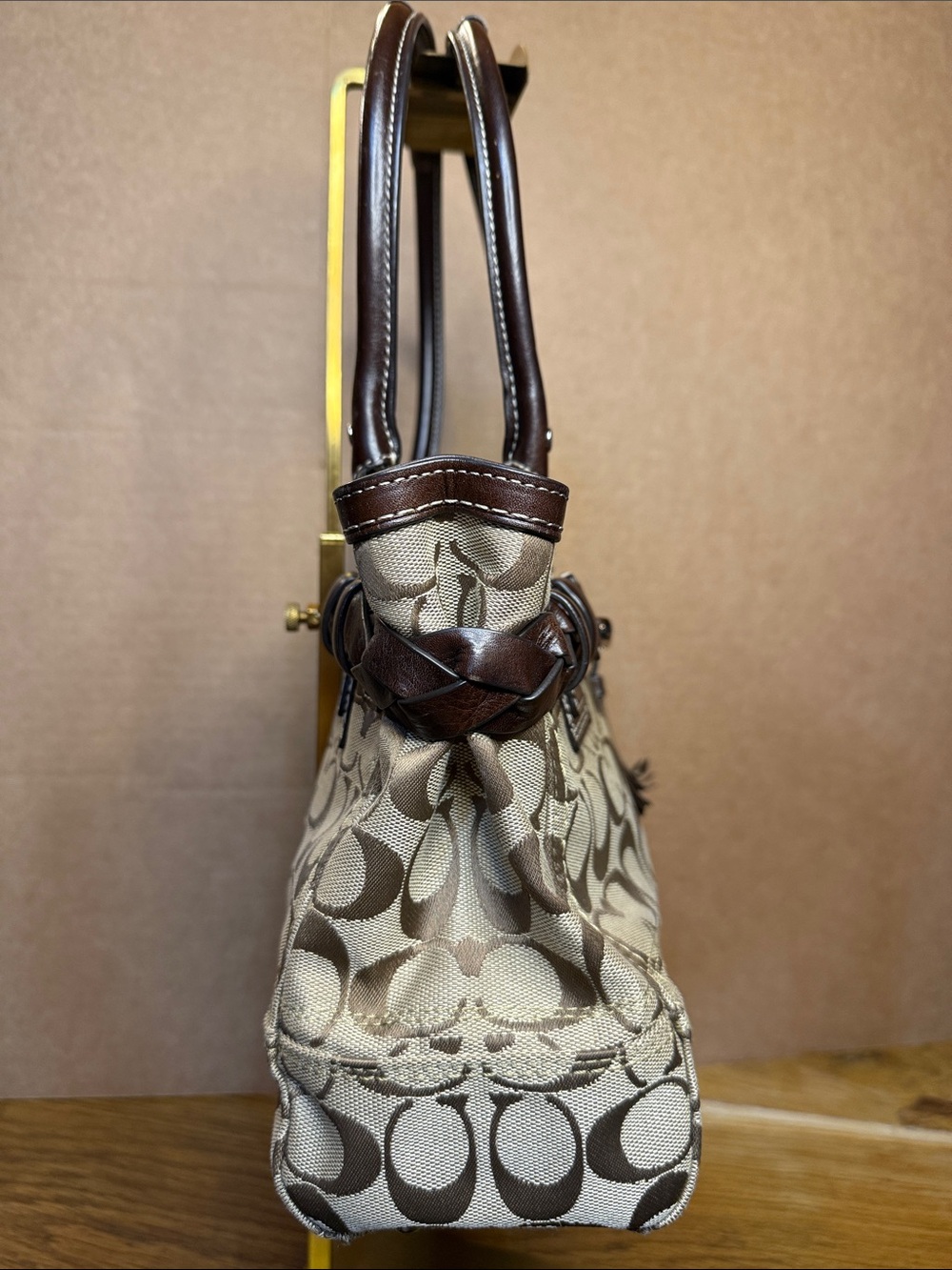 Coach F15665 Signature Gallery Tote Khaki Brown Braided Leather EUC - Picture 6 of 17